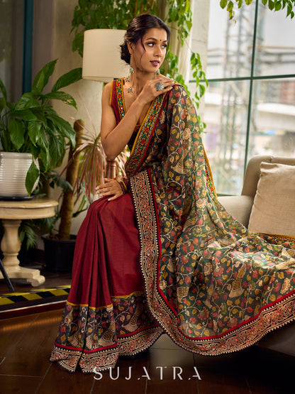 Regal Maroon Cotton Saree with Rich Kalamkari Printed Pallu with Mirror work