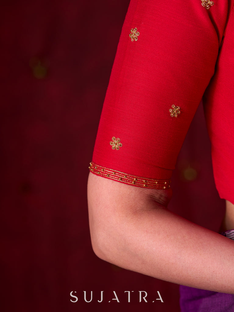 Crimson Cotton Silk Blouse Adorned with Fine Hand Embroidery