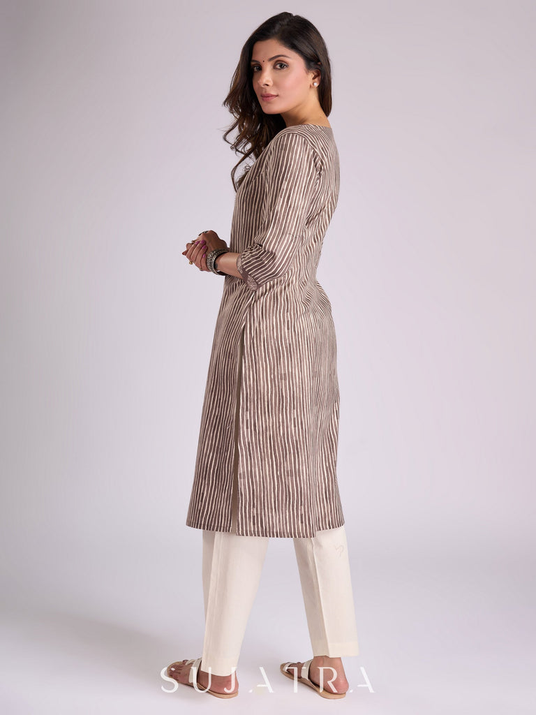 Chic Brown Striped Viscose Kurta with V-Neckline & Button Accents
