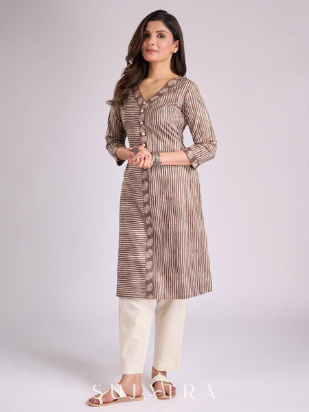 Chic Brown Striped Viscose Kurta with V-Neckline & Button Accents