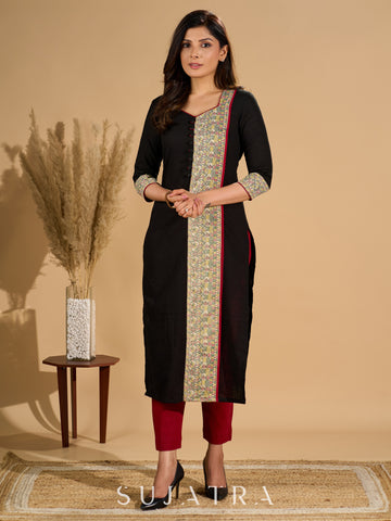 Ebon Elegance Kurta with Maroon Lining and Madhubani Charm