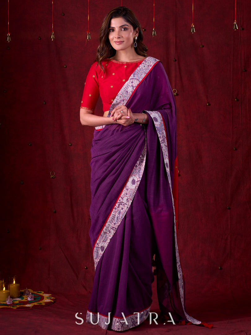 Ethereal Dual-Tone Purple Mul Cotton Saree with Floral Border, Red Tassel Highlights & Intricate Embroidered Pallu
