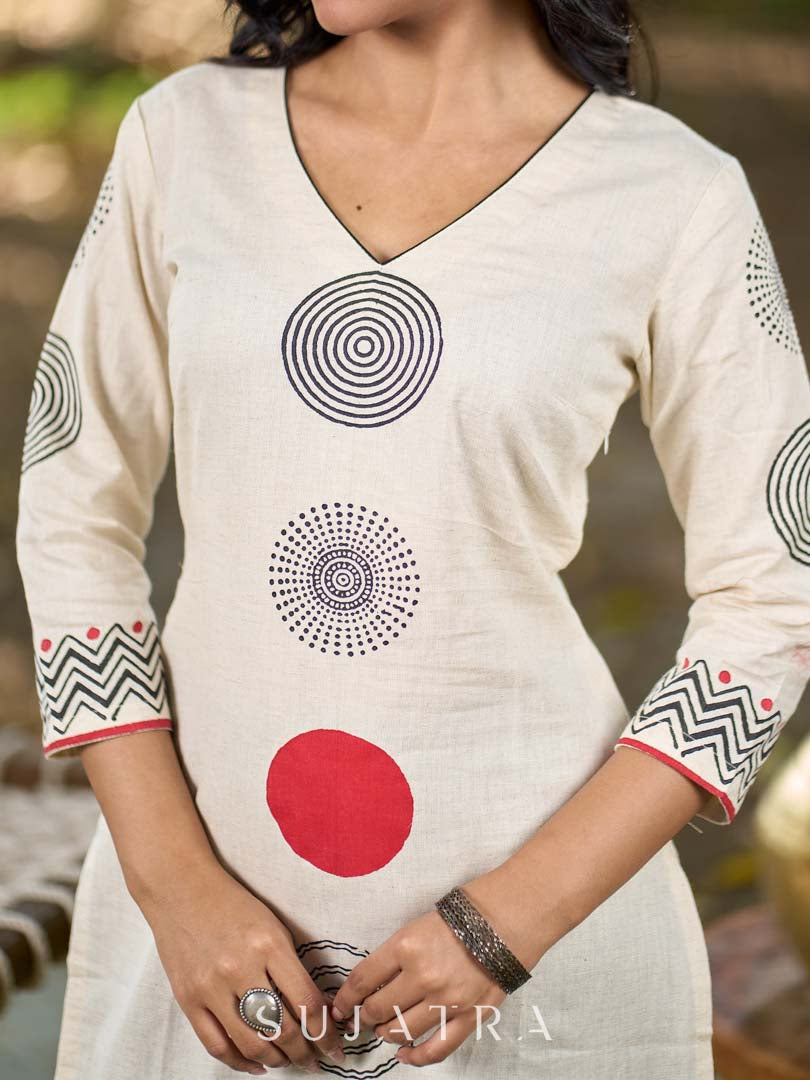 Dussehra Sale — Contemporary Off-White Cotton Flex Kurta with Modern Geometric Hand Block Print - Pant Optional