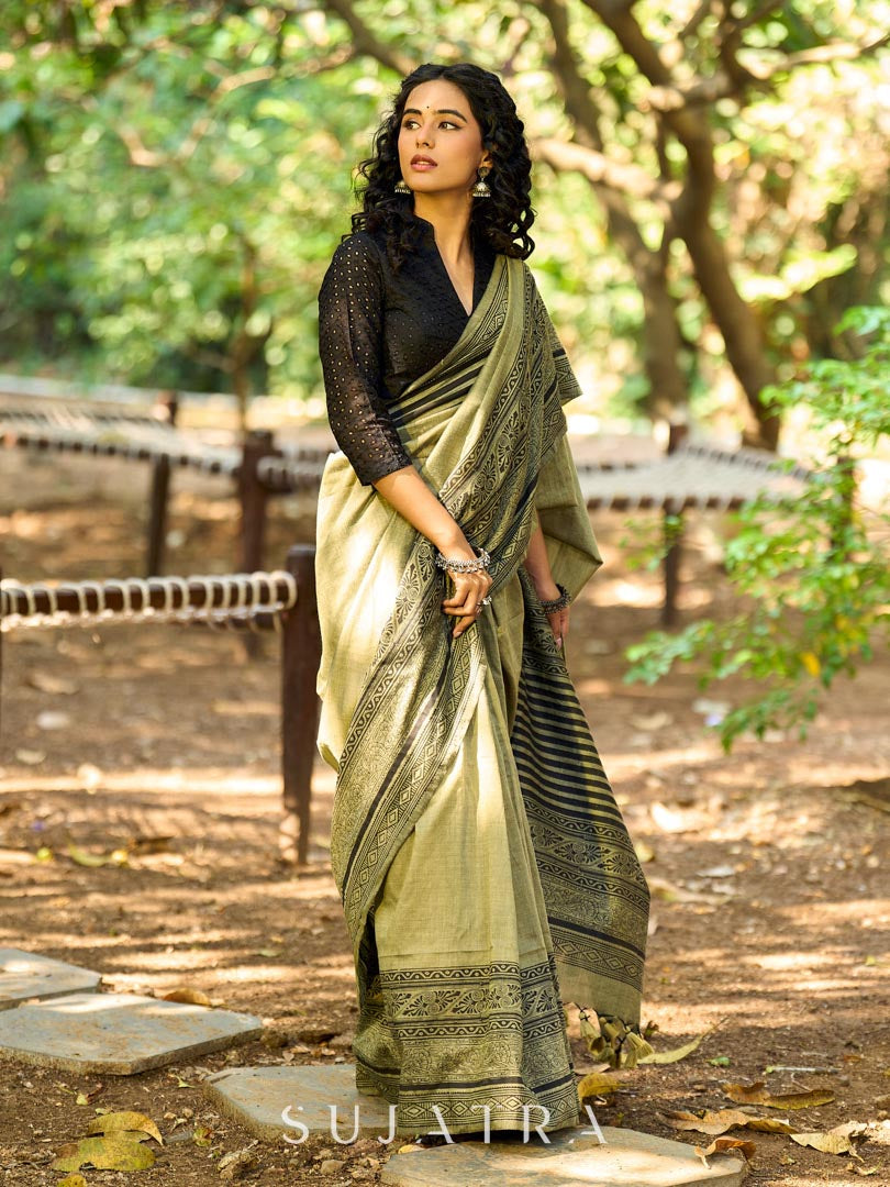 Natural Sage Green Cotton Saree with Traditional Black Hand Block Printed Border