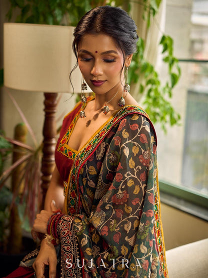 Regal Maroon Cotton Saree with Rich Kalamkari Printed Pallu with Mirror work