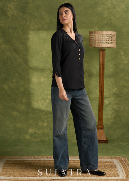 Black Cotton Silk Top With Hand Embellished Reverse Collar