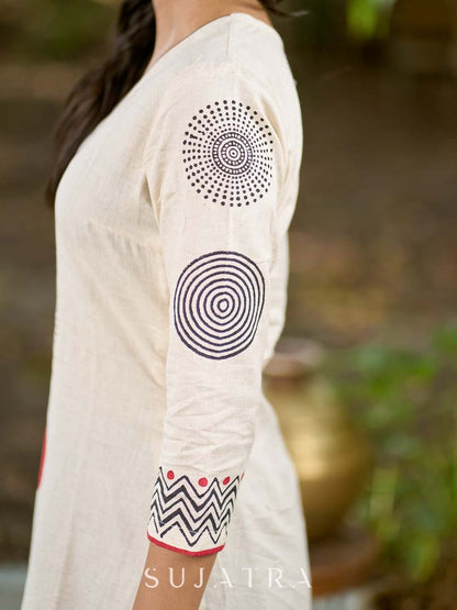 Contemporary Off-White Cotton Flex Kurta with Modern Geometric Hand Block Print