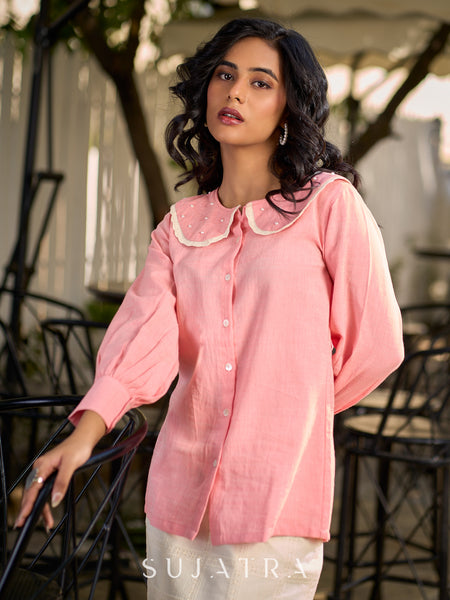 Baby Pink Shirt Featuring An Embellished Collar Detail