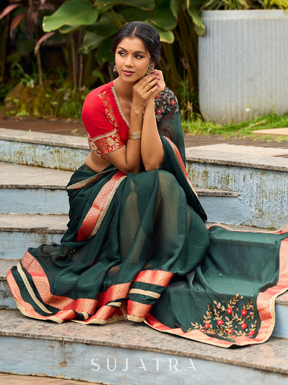 Timeless Bottle Green Georgette Saree with Contrast Red Benarasi Border & Hand Embroidered Pallu