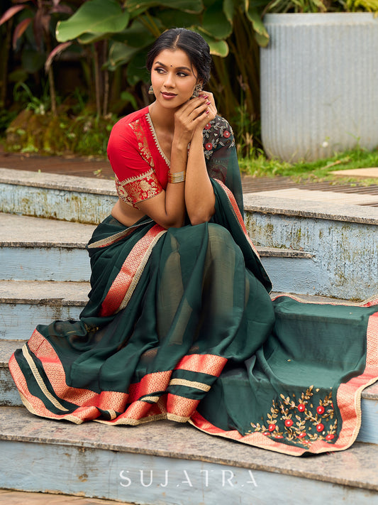 Timeless Bottle Green Georgette Saree with Contrast Red Benarasi Border & Hand Embroidered Pallu