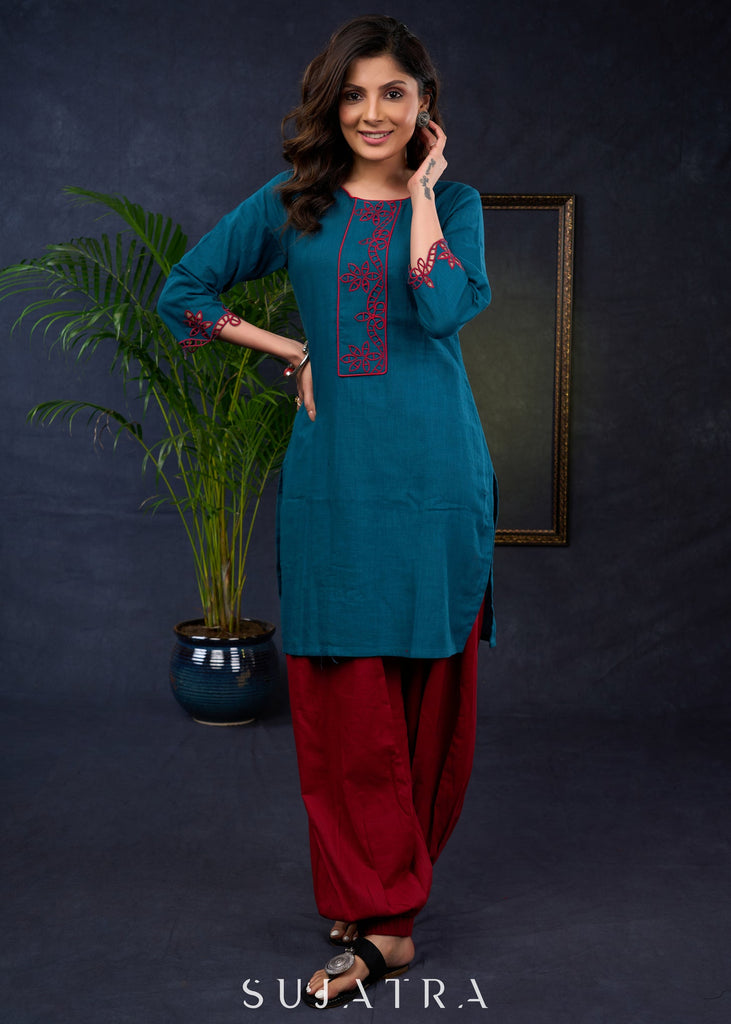Teal Trendy Tunic With Intricate Cut Work - Pant Optional
