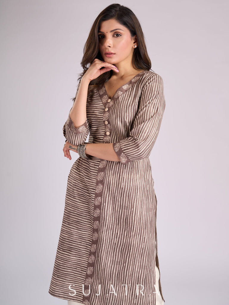 Chic Brown Striped Viscose Kurta with V-Neckline & Button Accents