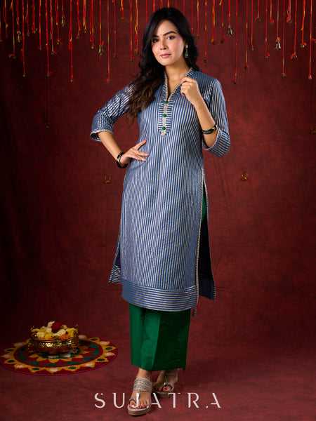 Midnight Blue Brocade Kurta with Subtle Stripes & Minimal Embellishments