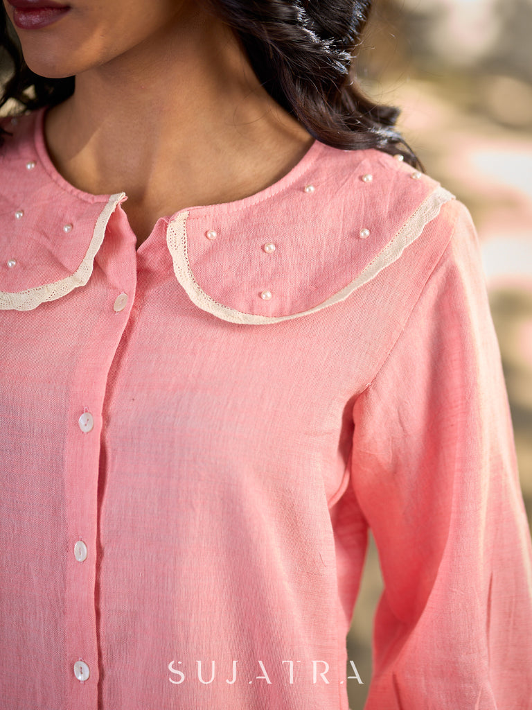 Baby Pink Shirt Featuring An Embellished Collar Detail