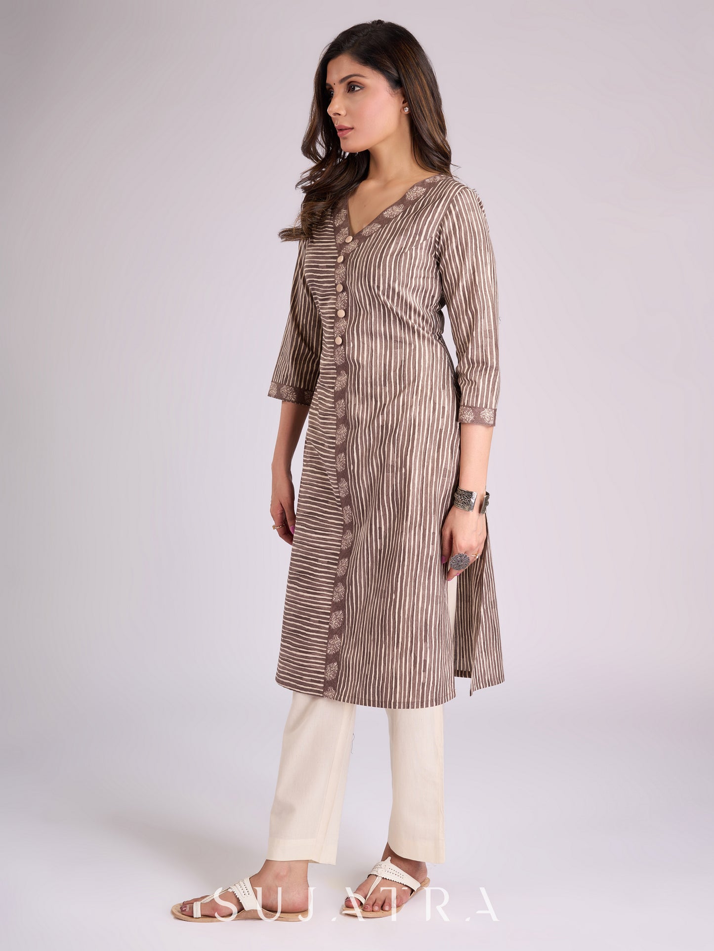 Chic Brown Striped Viscose Kurta with V-Neckline & Button Accents