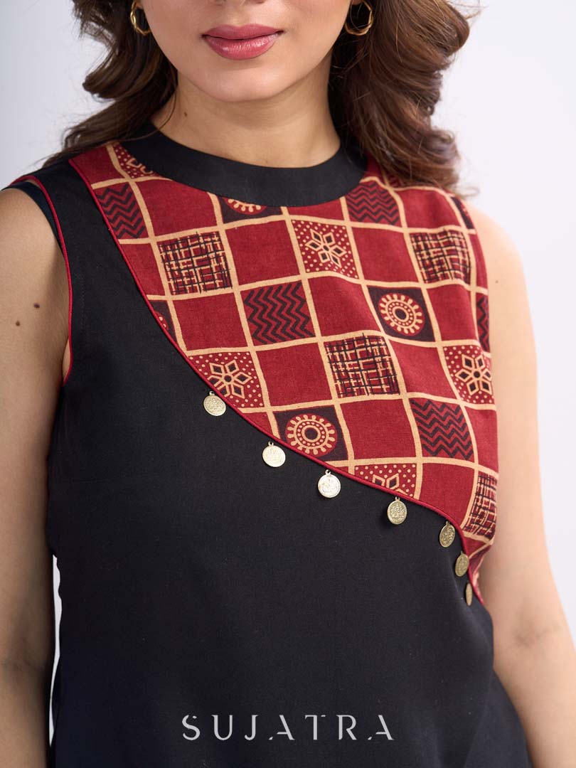 Dussehra Sale — Black Ethnic Top with Asymmetric Ajrakh Panel and Coin Embellishment