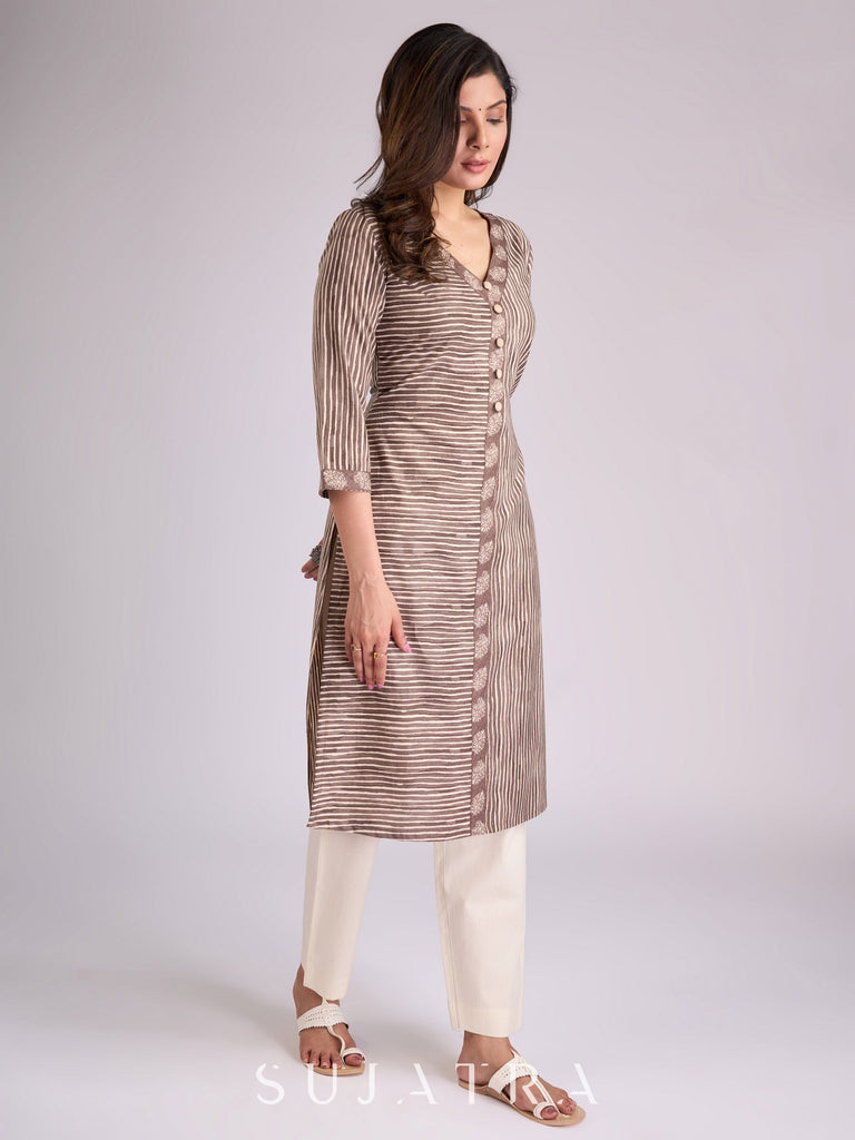 Chic Brown Striped Viscose Kurta with V-Neckline & Button Accents