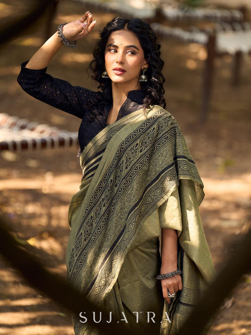 Natural Sage Green Cotton Saree with Traditional Black Hand Block Printed Border