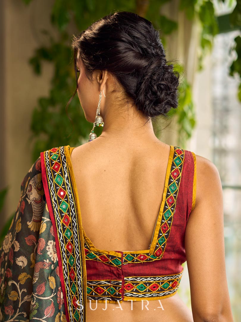 Regal Maroon Cotton Saree with Rich Kalamkari Printed Pallu with Mirror work