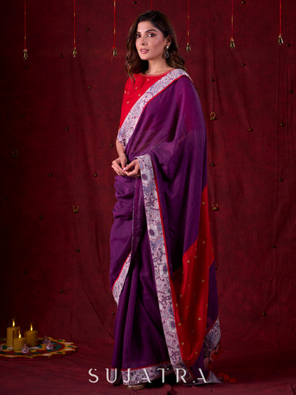 Ethereal Dual-Tone Purple Mul Cotton Saree with Floral Border, Red Tassel Highlights & Intricate Embroidered Pallu