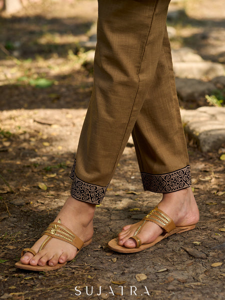 Sand Beige Straight Pant with Beautiful Ajrakh Border
