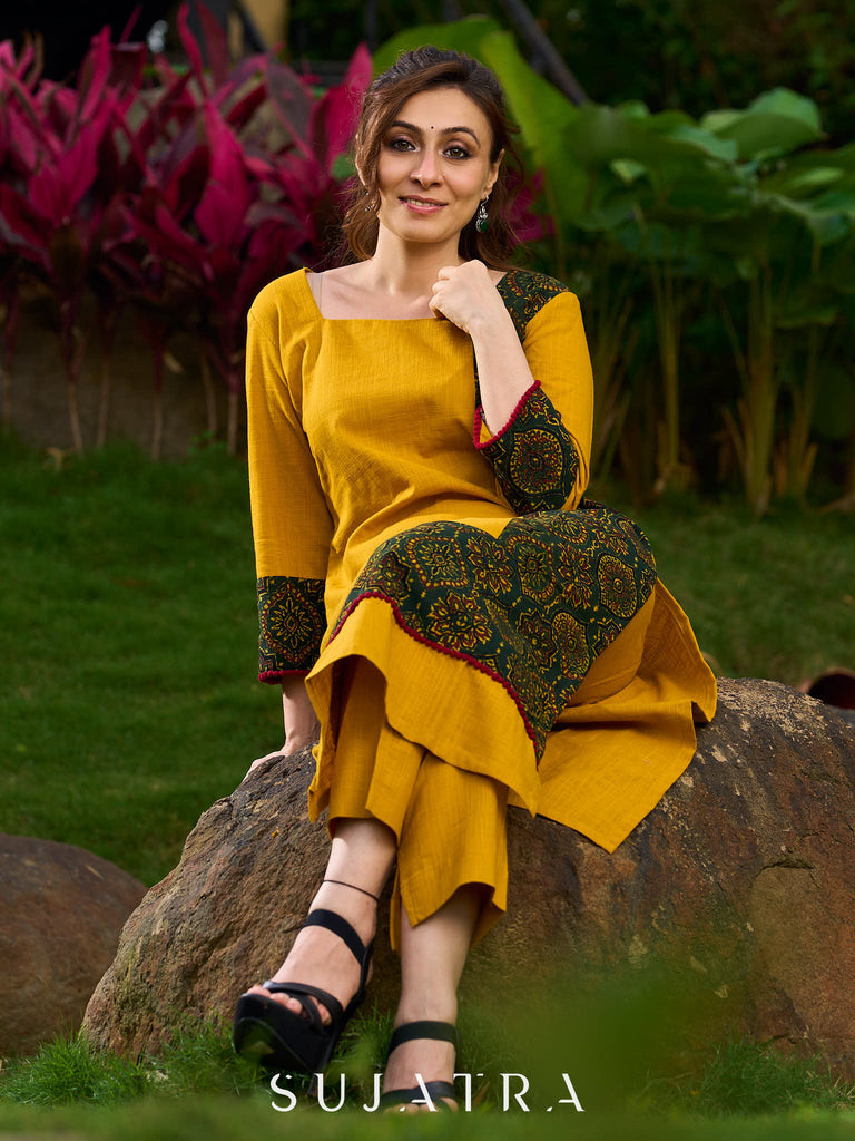 Elegant Mustard Cotton Kurta with Contrast Green Mughal Printed Border Panels