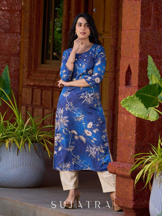 Statement royal blue printed kurta elevated with a sculpted scallop neck panel and shimmering sequins handwork