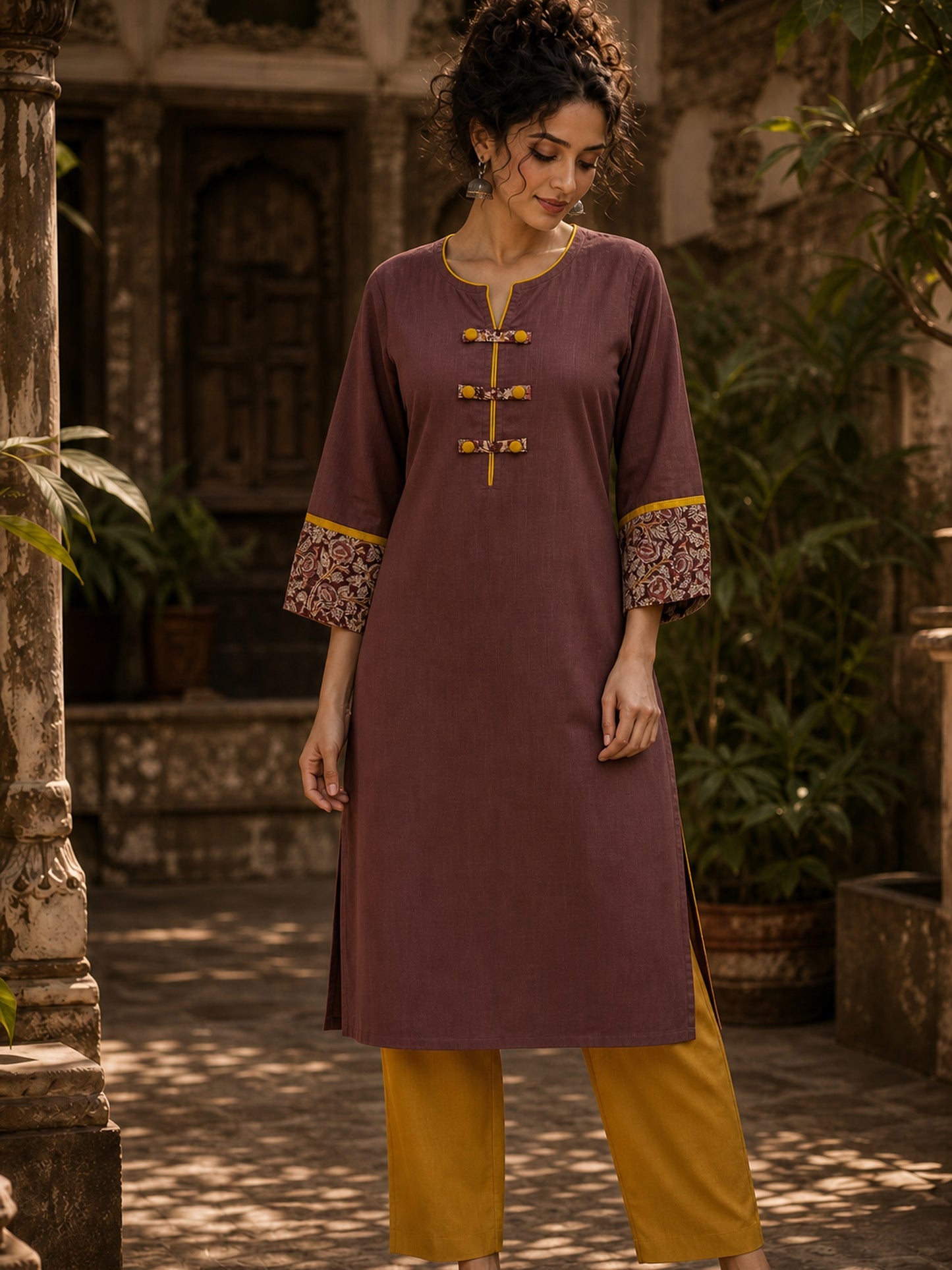 Earthy Brown Cotton Kurta with Statement Kalamkari Block Print Cuffs & Mustard Piping