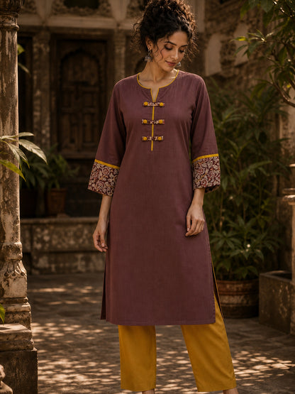 Earthy Brown Cotton Kurta with Statement Kalamkari Block Print Cuffs & Mustard Piping