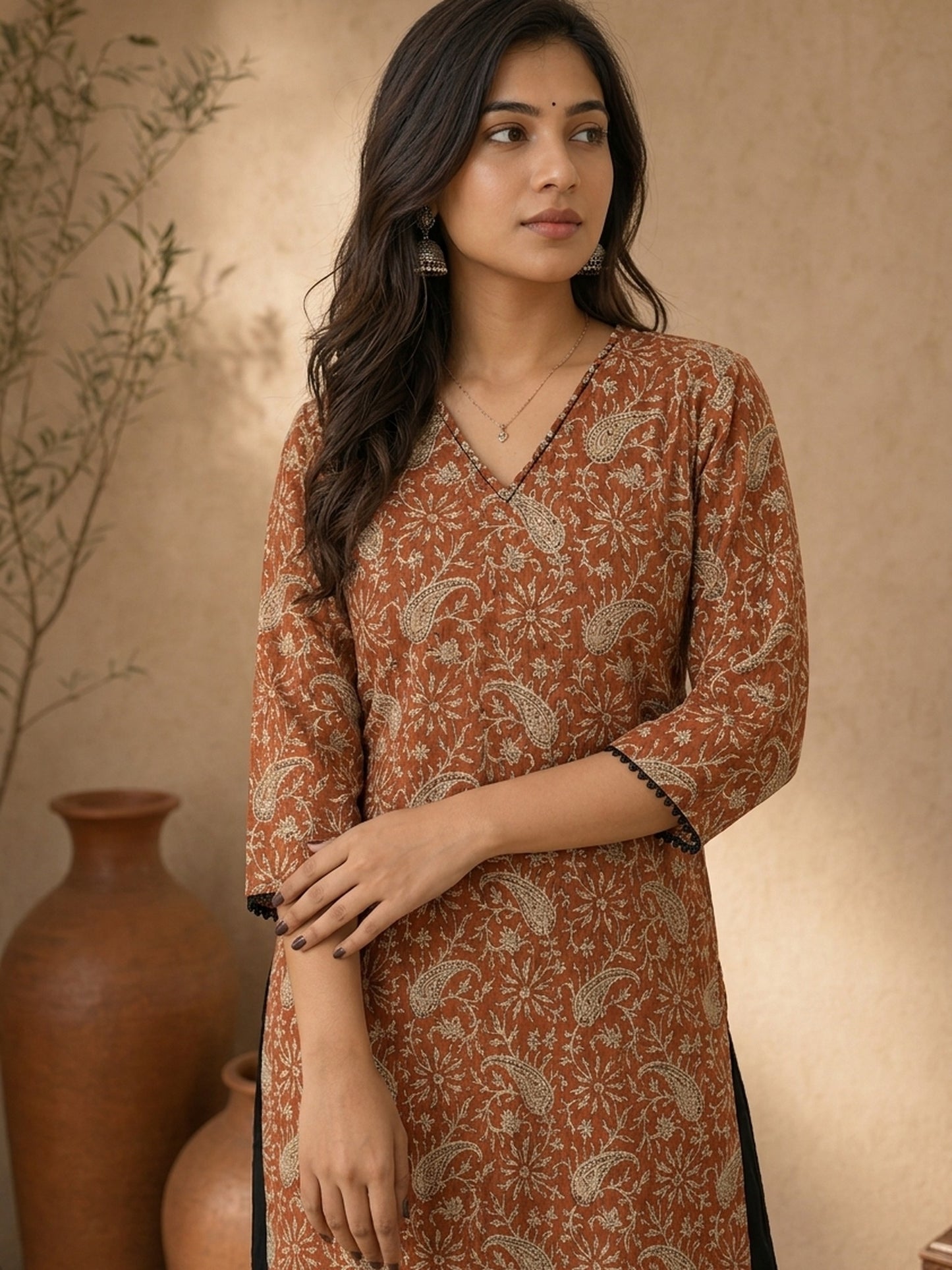 Earthy Rust Floral Printed Kurta with Classic Straight Fit and V-Neck Design