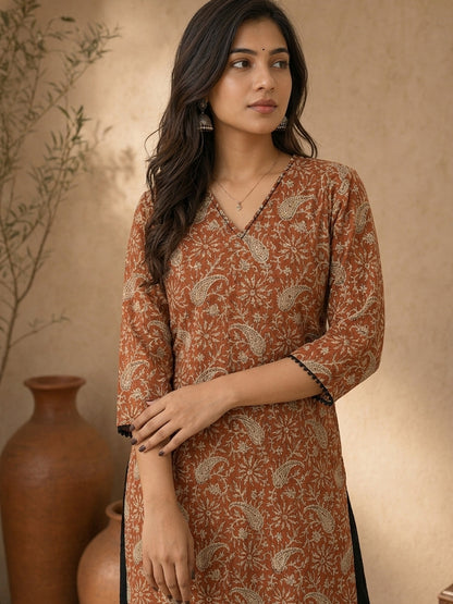 Earthy Rust Floral Printed Kurta with Classic Straight Fit and V-Neck Design