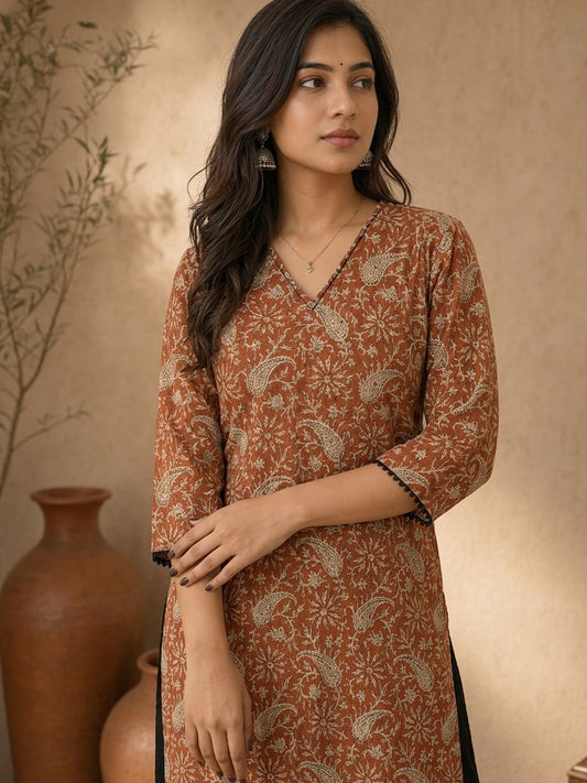 Earthy Rust Floral Printed Kurta with Classic Straight Fit and V-Neck Design