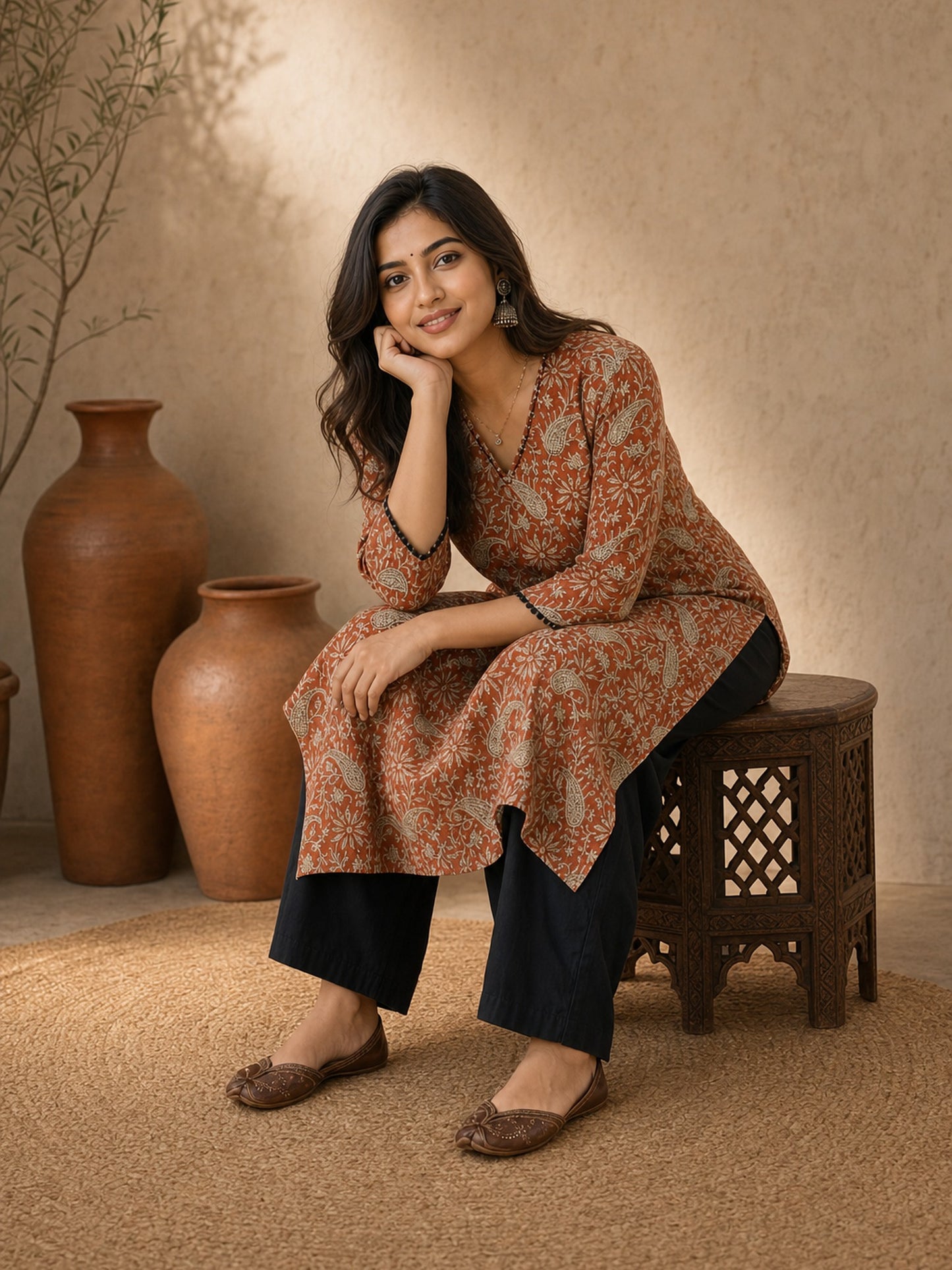 Earthy Rust Floral Printed Kurta with Classic Straight Fit and V-Neck Design