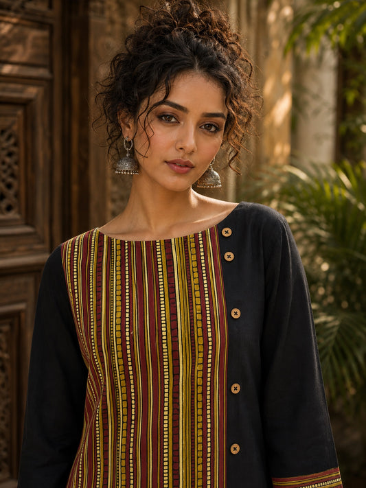 Timeless Black Cotton Kurta with Contrast Ajrakh Stripe Half Panel & Coordinated Sleeve Cuffs