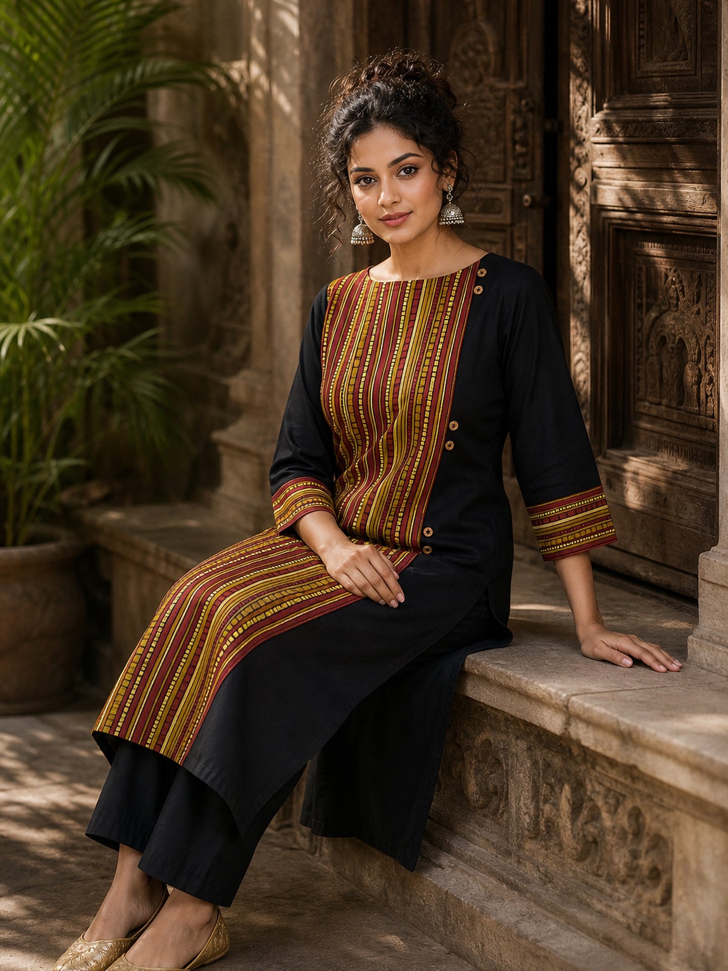 Timeless Black Cotton Kurta with Contrast Ajrakh Stripe Half Panel & Coordinated Sleeve Cuffs