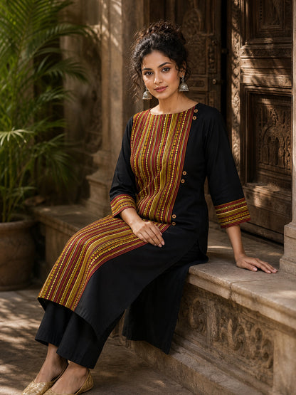 Timeless Black Cotton Kurta with Contrast Ajrakh Stripe Half Panel & Coordinated Sleeve Cuffs