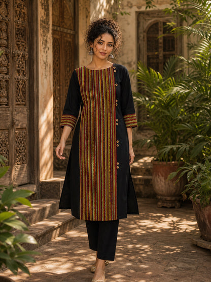 Timeless Black Cotton Kurta with Contrast Ajrakh Stripe Half Panel & Coordinated Sleeve Cuffs