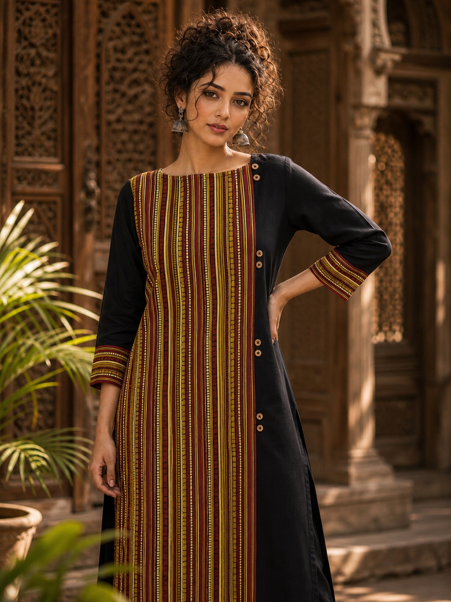 Timeless Black Cotton Kurta with Contrast Ajrakh Stripe Half Panel & Coordinated Sleeve Cuffs