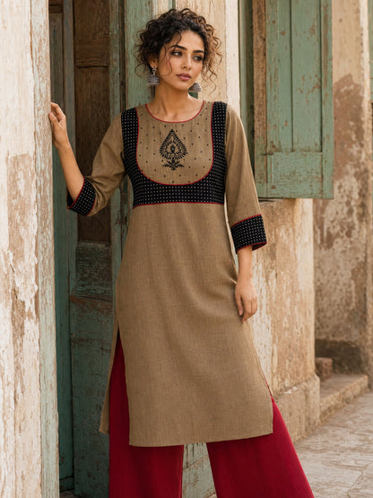 Striking Beige Cotton Kurta with Black Dotted Contrast Yoke & Embroidered Motif