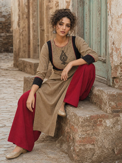 Striking Beige Cotton Kurta with Black Dotted Contrast Yoke & Embroidered Motif