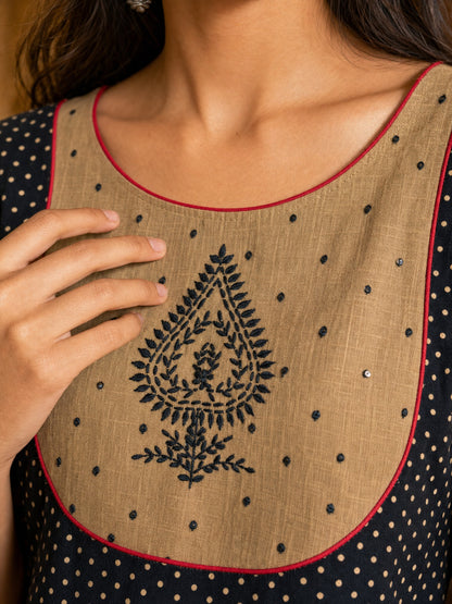 Striking Beige Cotton Kurta with Black Dotted Contrast Yoke & Embroidered Motif