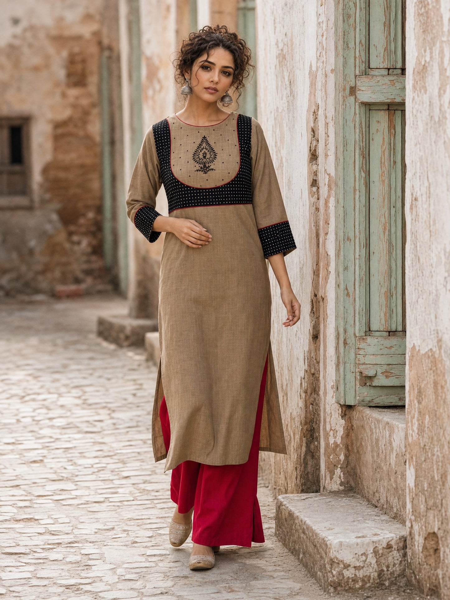 Striking Beige Cotton Kurta with Black Dotted Contrast Yoke & Embroidered Motif