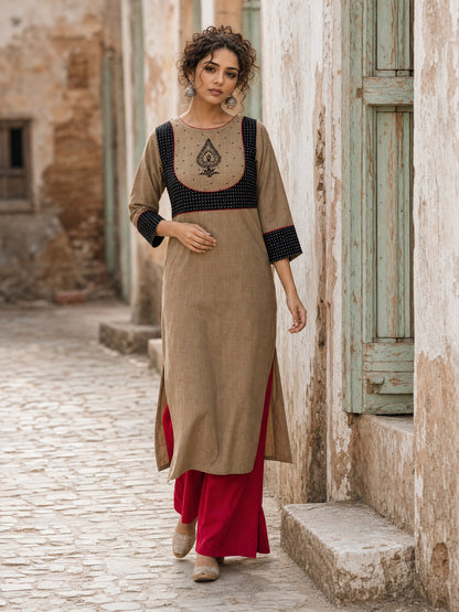 Striking Beige Cotton Kurta with Black Dotted Contrast Yoke & Embroidered Motif
