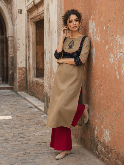Striking Beige Cotton Kurta with Black Dotted Contrast Yoke & Embroidered Motif