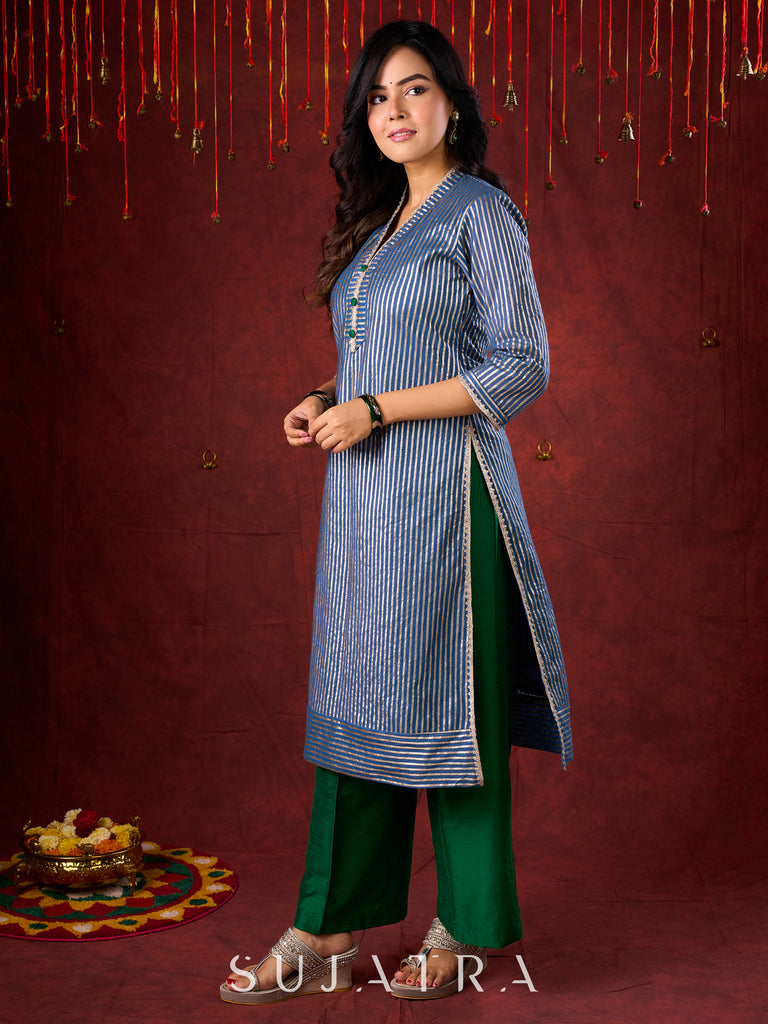 Midnight Blue Brocade Kurta with Subtle Stripes & Minimal Embellishments