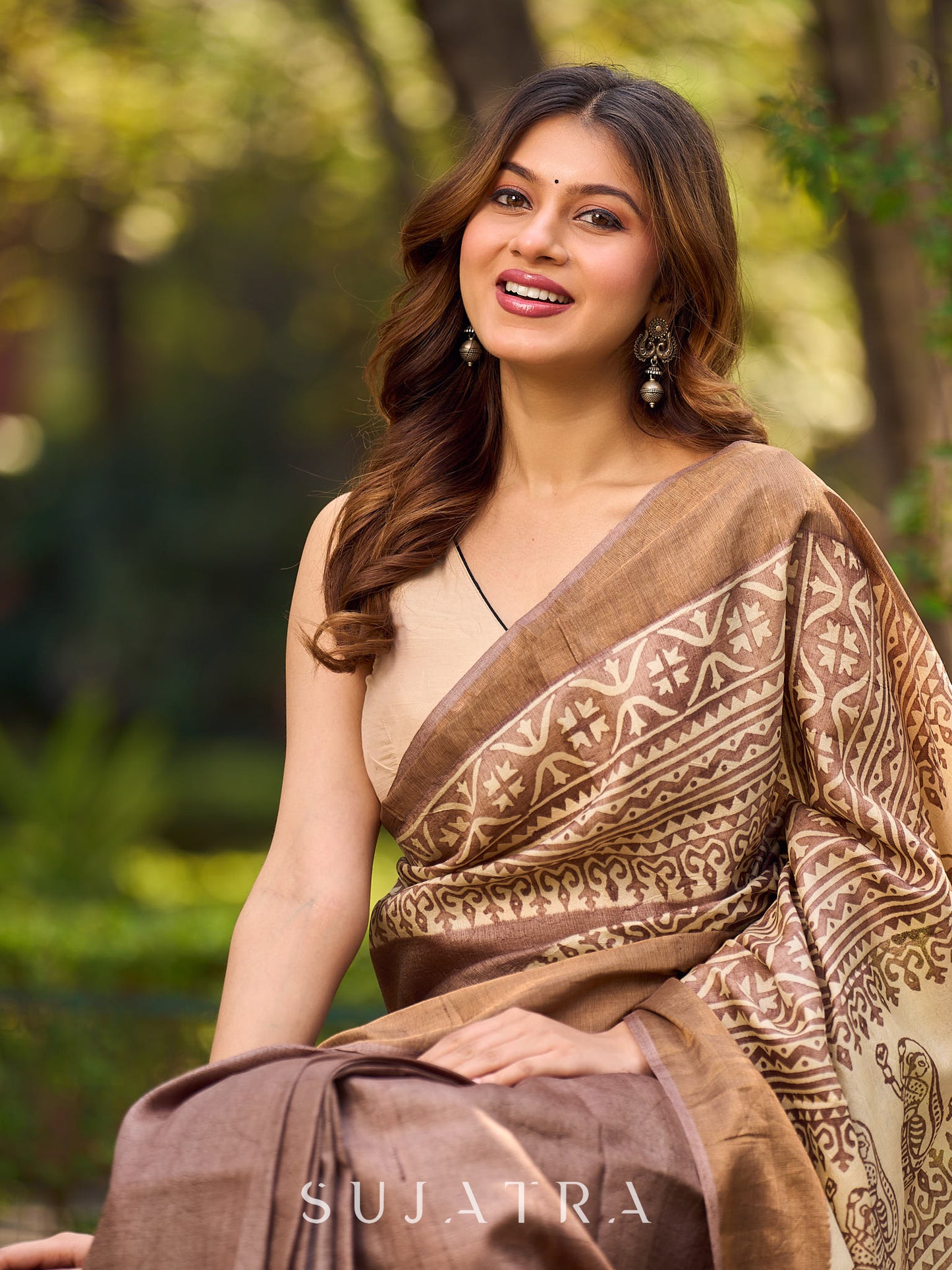 Elegant Earthy Pure Tussar Silk Block Print Saree featuring Heritage Prints and Natural Tones