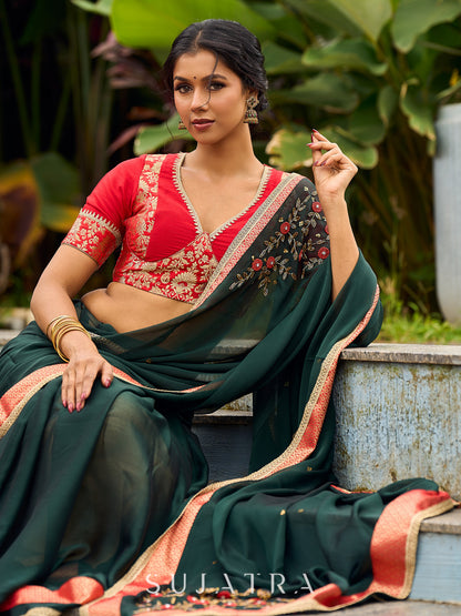 Timeless Bottle Green Georgette Saree with Contrast Red Benarasi Border & Hand Embroidered Pallu