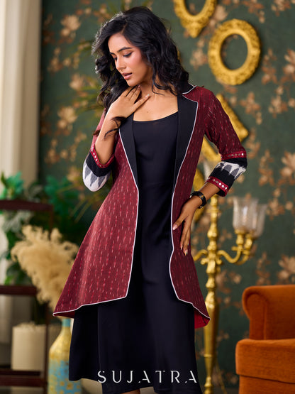 Elegant Maroon Ikat Jacket Featuring Black Collar and Delicate Mirror Lace Embellishments - Dress Optional
