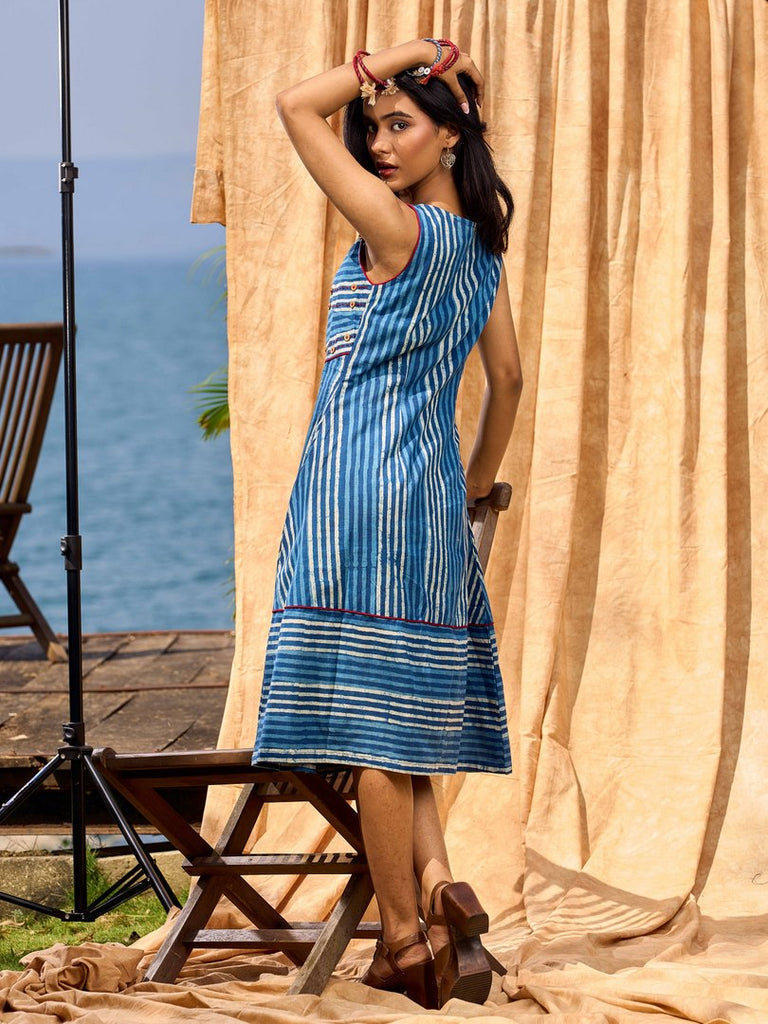 Handcrafted Indigo Cotton Dress With Red Stitch And Button Detailing