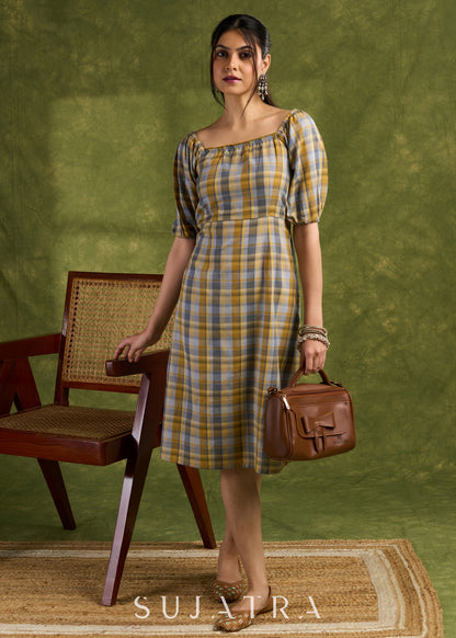 Classic Plaid Design Cotton Dress. Retro Vibes With An Off-Shoulder Design